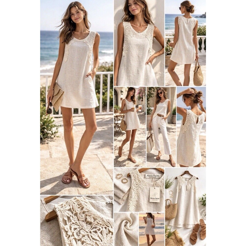 Alessia Pacini Linen Tunic Mini Dress M Made In Italy Lace Sleeveless Ivory